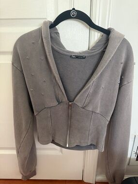 Zara Taupe Embellished Zip Hoodie